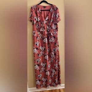 Faux Wrap Maxi Dress - Rust Pink Floral 2X